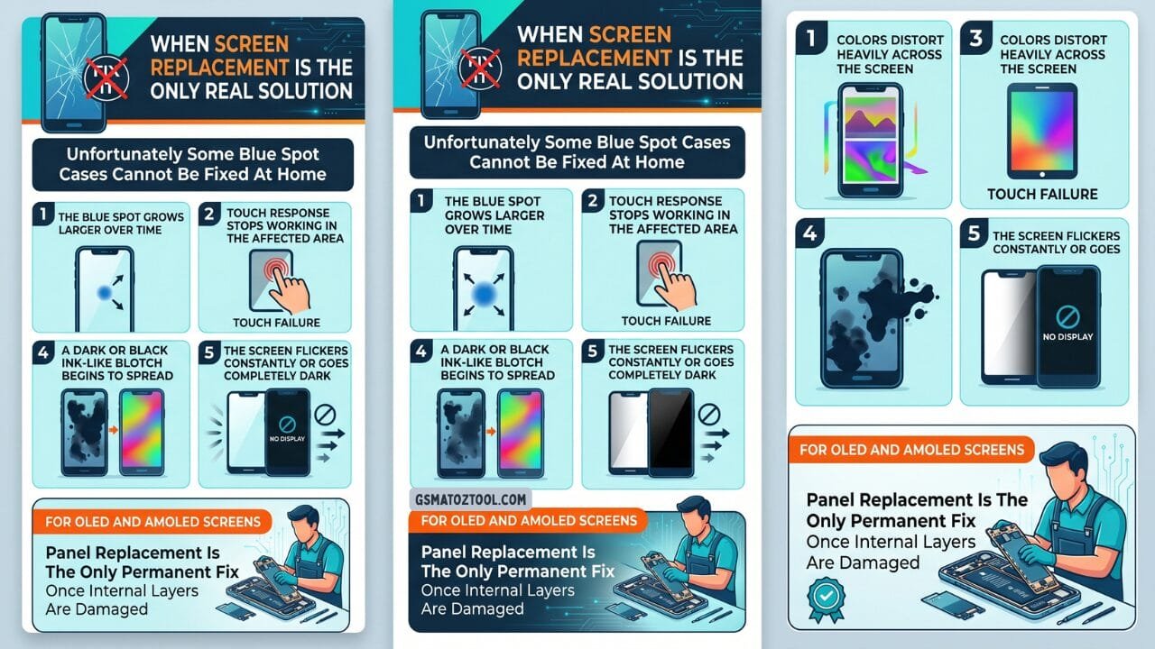 An infographic explaining five signs that a phone screen with blue spot damage cannot be fixed at home and requires professional panel replacement including a growing blue spot touch failure color distortion spreading ink-like blotches and a flickering or completely dark screen.