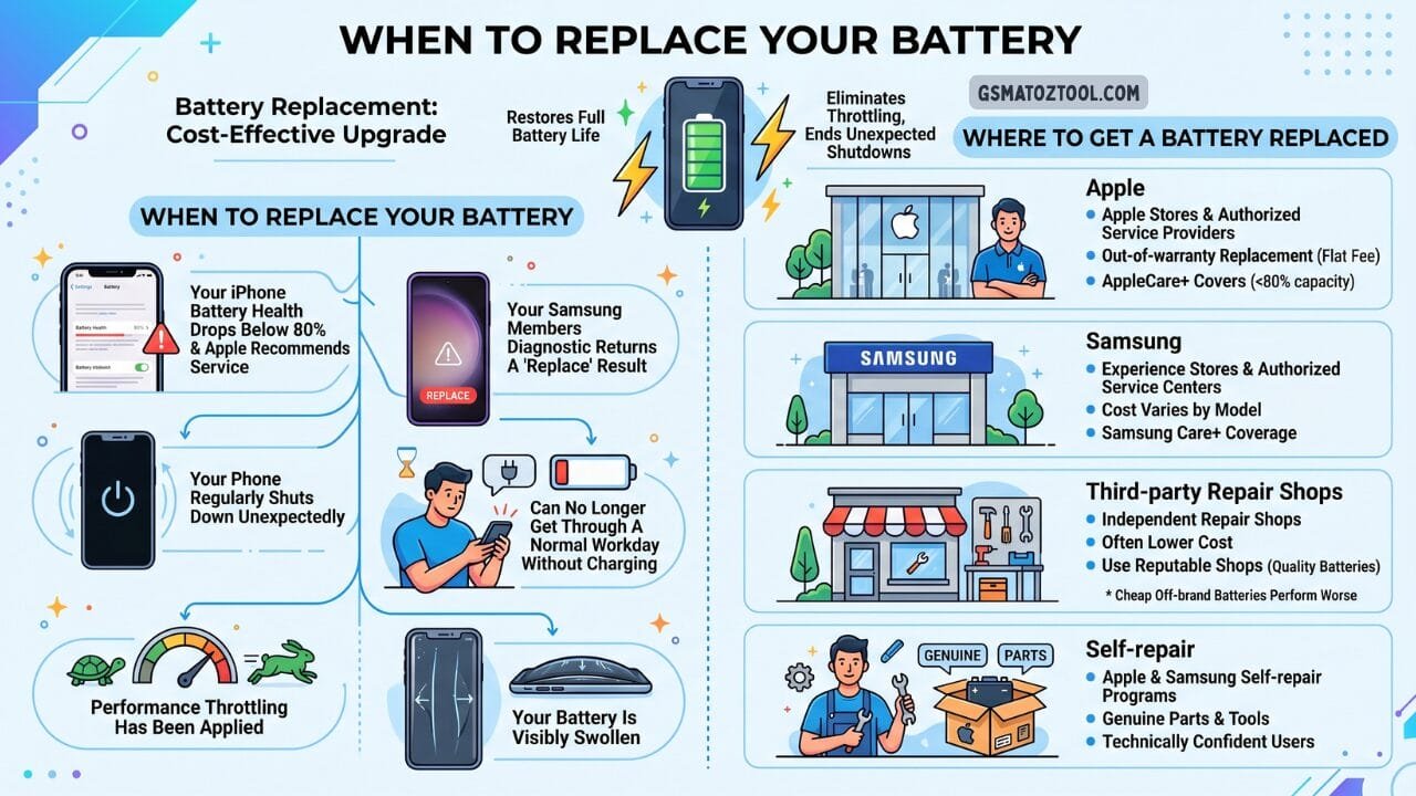 How to check phone battery health (iphone & android) 11 When to replace your phone battery — six replacement triggers including iphone below 80 percent samsung members replace result unexpected shutdowns and four replacement options including apple samsung third-party shops and self-repair