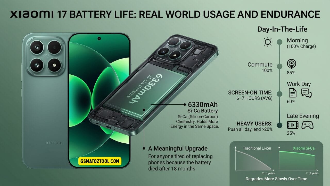 Xiaomi 17 review worth the price or just overhyped? 14 Xiaomi 17 battery life infographic showing a transparent cutaway view of the 6330mah si-ca battery a day-in-the-life usage timeline and a longevity comparison chart against traditional li-ion batteries with the phone shown in venture green.