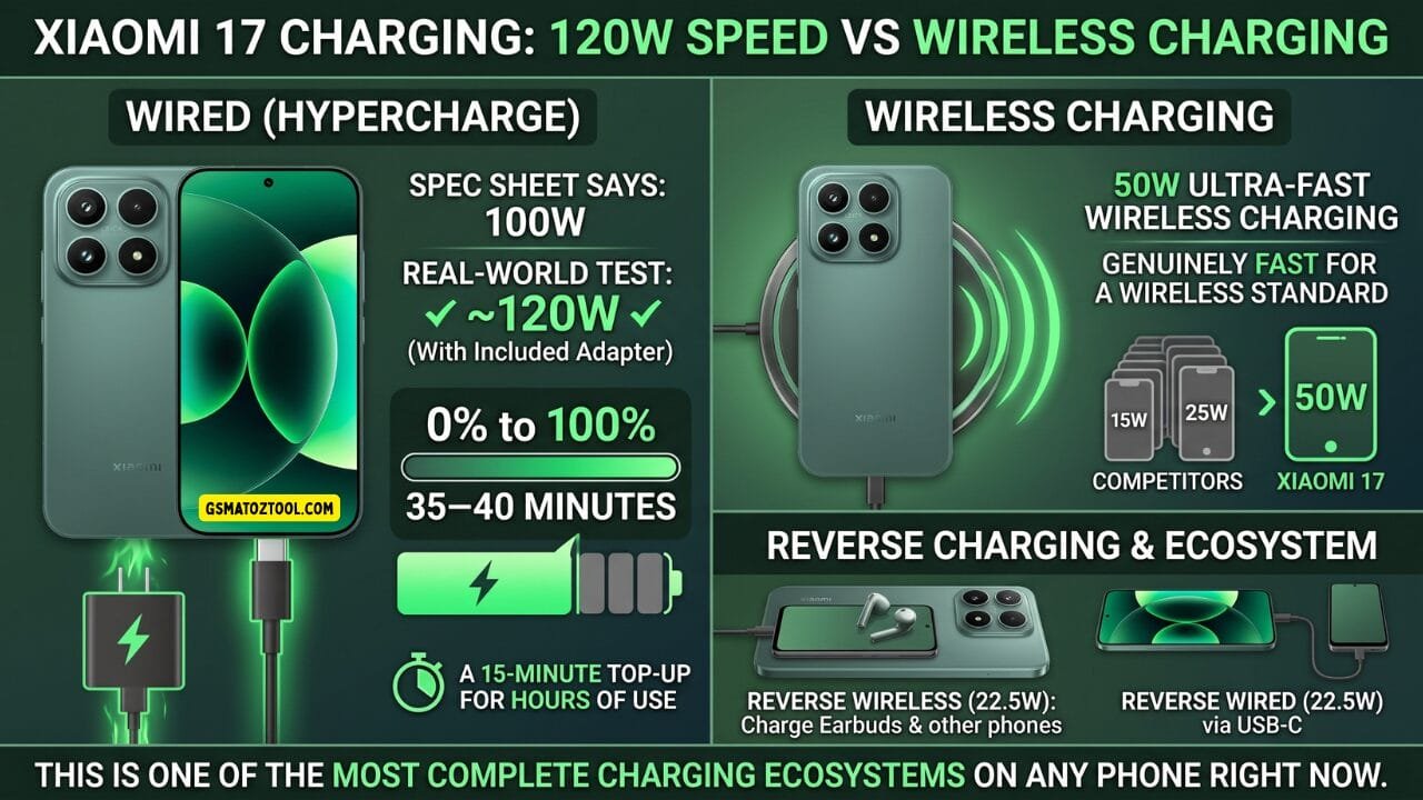 Xiaomi 17 review worth the price or just overhyped? 15 Xiaomi 17 charging infographic comparing wired hypercharge and wireless charging speeds with reverse charging ecosystem details and a competitor wireless charging comparison displayed on a dark green background.