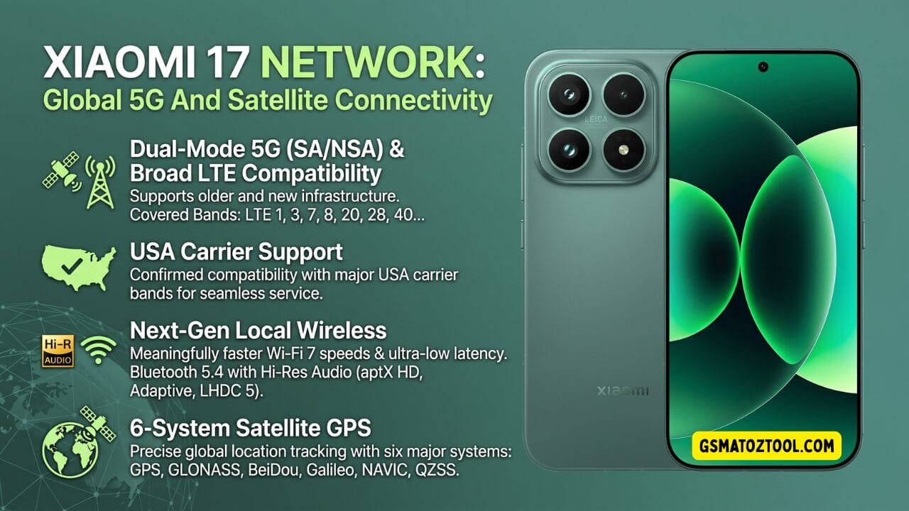 Xiaomi 17 review worth the price or just overhyped? 17 Xiaomi 17 network and connectivity infographic covering 5g lte band support usa carrier compatibility wi-fi 7 bluetooth 5. 4 and 6-system satellite gps with the phone shown in venture green.