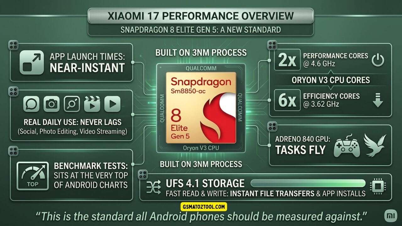 Xiaomi 17 review worth the price or just overhyped? 9 Xiaomi 17 performance infographic centered on the qualcomm snapdragon 8 elite gen 5 chipset detailing cpu cores gpu storage and real-world performance results on a dark green circuit-board background.