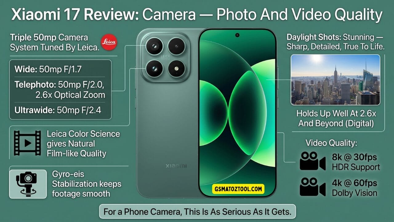 Xiaomi 17 review worth the price or just overhyped? 5 Xiaomi 17 camera review infographic detailing a triple 50mp leica-tuned camera system video capabilities and a sample daylight cityscape photo with the phone shown in venture green.