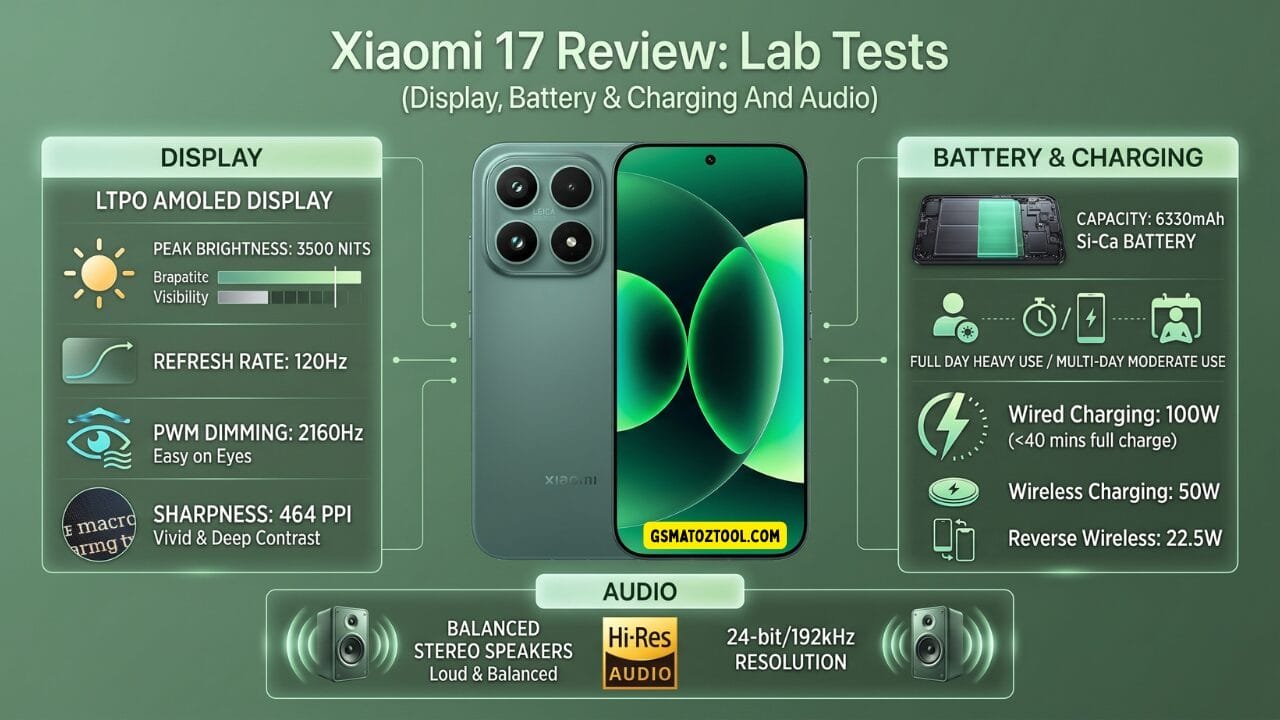 Xiaomi 17 review worth the price or just overhyped? 3 Xiaomi 17 lab test infographic covering display battery and charging and audio specifications with the phone shown in venture green.