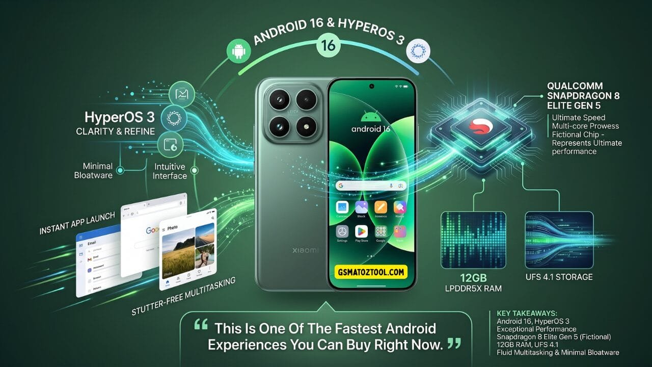 Xiaomi 17 review worth the price or just overhyped? 4 Xiaomi 17 software and performance infographic highlighting android 16 hyperos 3 snapdragon 8 elite gen 5 and memory specifications with the phone shown in venture green