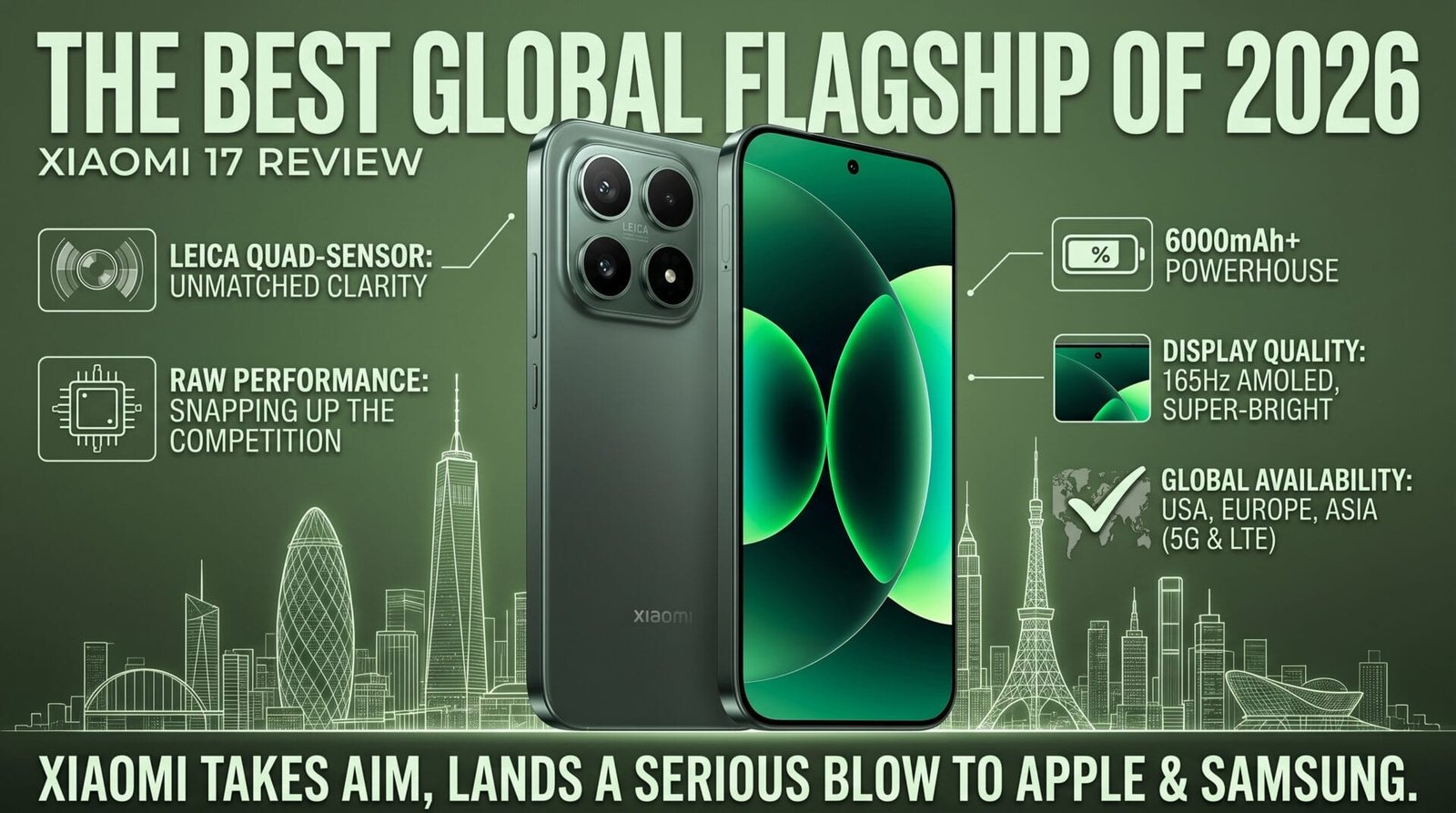 Xiaomi 17 review worth the price or just overhyped? 6 Xiaomi 17 flagship summary infographic claiming the title of best global flagship of 2026 highlighting key strengths against apple and samsung with the phone shown in venture green against a global city skyline backdrop.