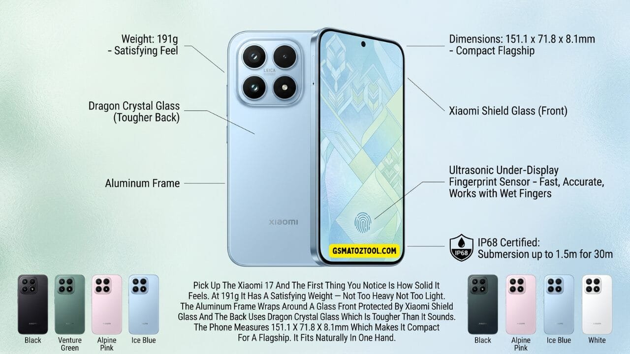 Xiaomi 17 review worth the price or just overhyped? 2 Xiaomi 17 review smartphone design infographic showing front and back views in ice blue with labeled hardware features and available color options.