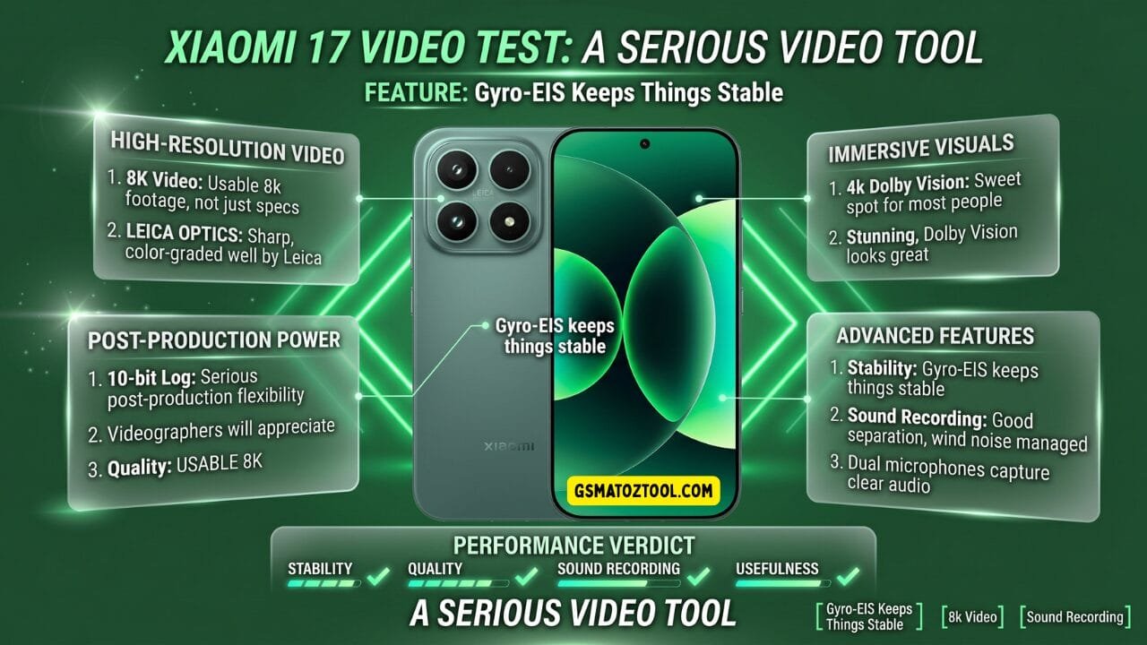 Xiaomi 17 review worth the price or just overhyped? 12 Xiaomi 17 video capability infographic covering high-resolution recording post-production features immersive visuals and advanced audio with a performance verdict scorecard at the bottom and the phone shown in venture green.