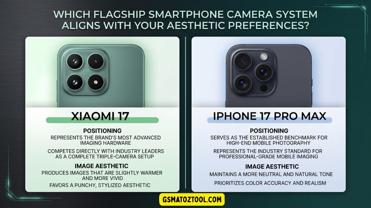 Xiaomi 17 review worth the price or just overhyped? 10 Side-by-side camera system comparison infographic between the xiaomi 17 in venture green and the iphone 17 pro max in black titanium covering positioning and image aesthetic for each device.