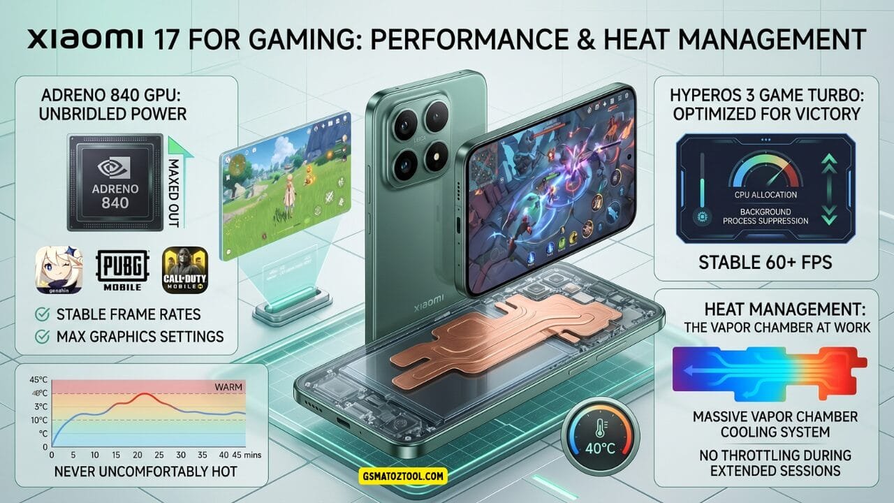 Xiaomi 17 review worth the price or just overhyped? 16 Xiaomi 17 gaming performance and heat management infographic featuring the adreno 840 gpu hyperos 3 game turbo mode vapor chamber cooling system and a temperature chart over a 45-minute gaming session with a transparent cutaway render of the phone's internals.