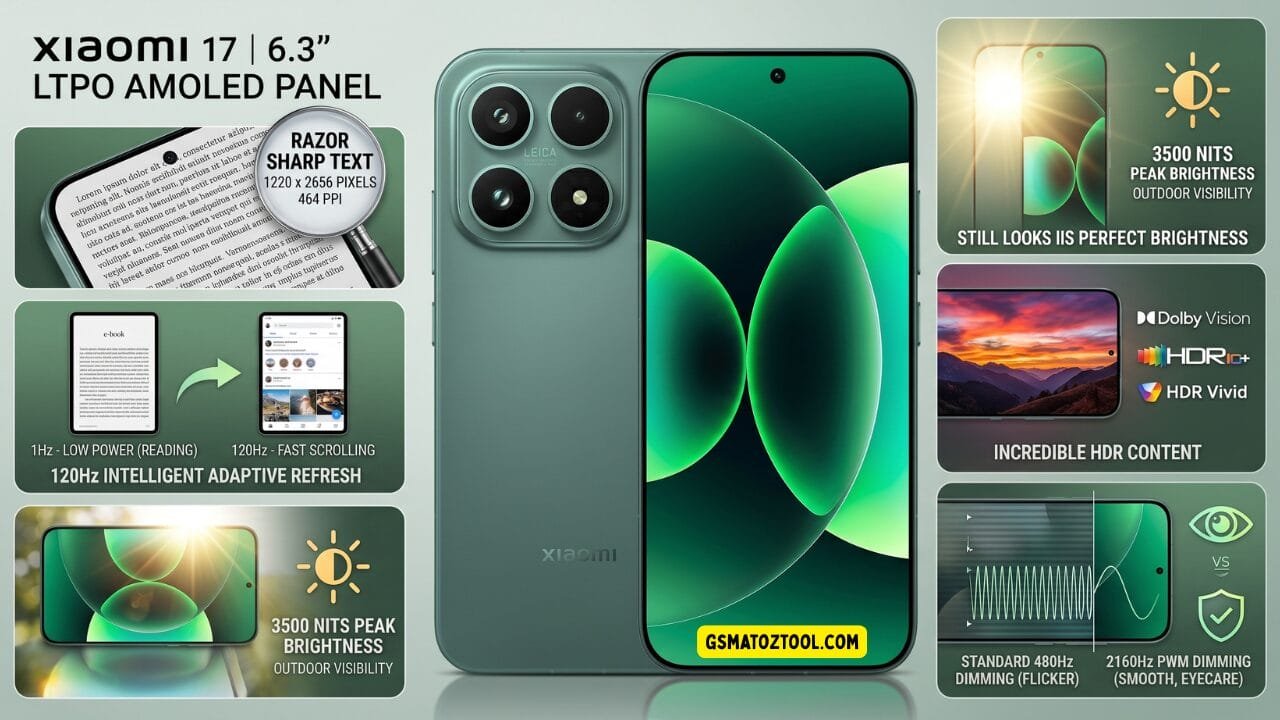 Xiaomi 17 review worth the price or just overhyped? 8 Xiaomi 17 display specification infographic detailing the 6. 3-inch ltpo amoled panel's sharpness adaptive refresh rate brightness hdr support and pwm dimming with the phone shown in venture green.