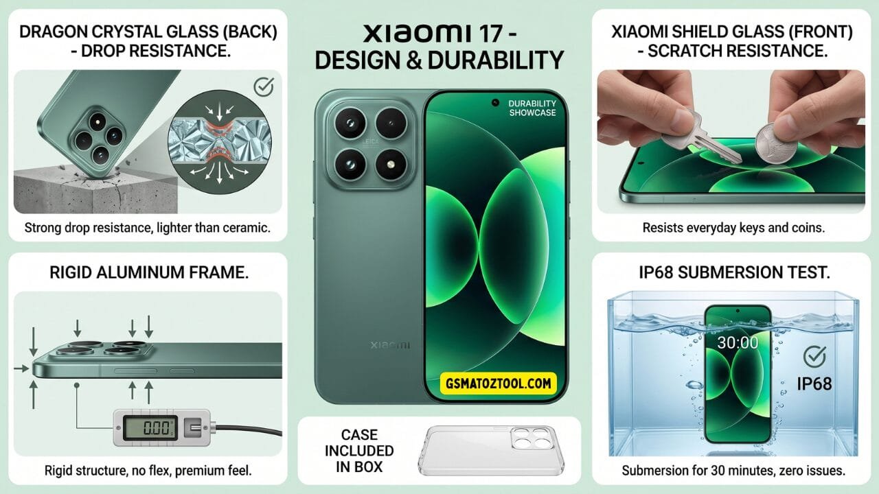 Xiaomi 17 review worth the price or just overhyped? 7 Xiaomi 17 design and durability infographic showcasing four physical stress tests — drop resistance scratch resistance frame rigidity and ip68 submersion — with the phone displayed centrally in venture green.