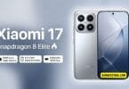 Xiaomi 17 hero product image in silver showing the back and front of the device with key specifications listed alongside the snapdragon 8 elite branding on a soft grey gradient background.