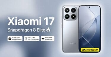 Xiaomi 17 hero product image in silver showing the back and front of the device with key specifications listed alongside the snapdragon 8 elite branding on a soft grey gradient background.