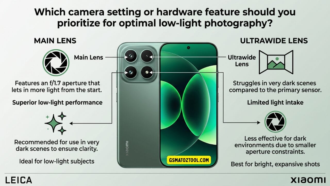 Xiaomi 17 review worth the price or just overhyped? 11 Xiaomi 17 low-light photography guide infographic comparing the main lens and ultrawide lens performance in dark conditions with the phone shown in venture green. Co-branded by leica and xiaomi.