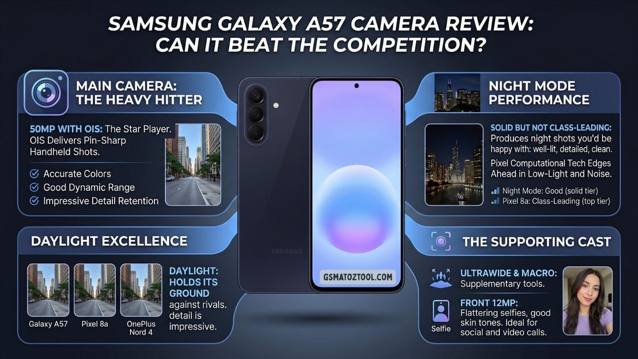 Samsung galaxy a57 review worth the price or just overhyped? 11 Samsung galaxy a57 camera review infographic comparing daylight photography against pixel 8a and oneplus nord 4 showing 50mp ois main camera strengths night mode rated solid but not class-leading against pixel 8a ultrawide and macro as supplementary tools and 12mp front camera for flattering selfies