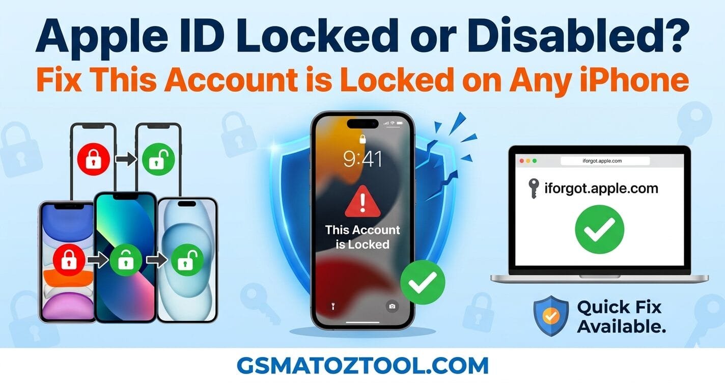 Apple id locked or disabled fix featured image showing this account is locked error solution for iphone 11 13 15 and all models using iforgot. Apple. Com