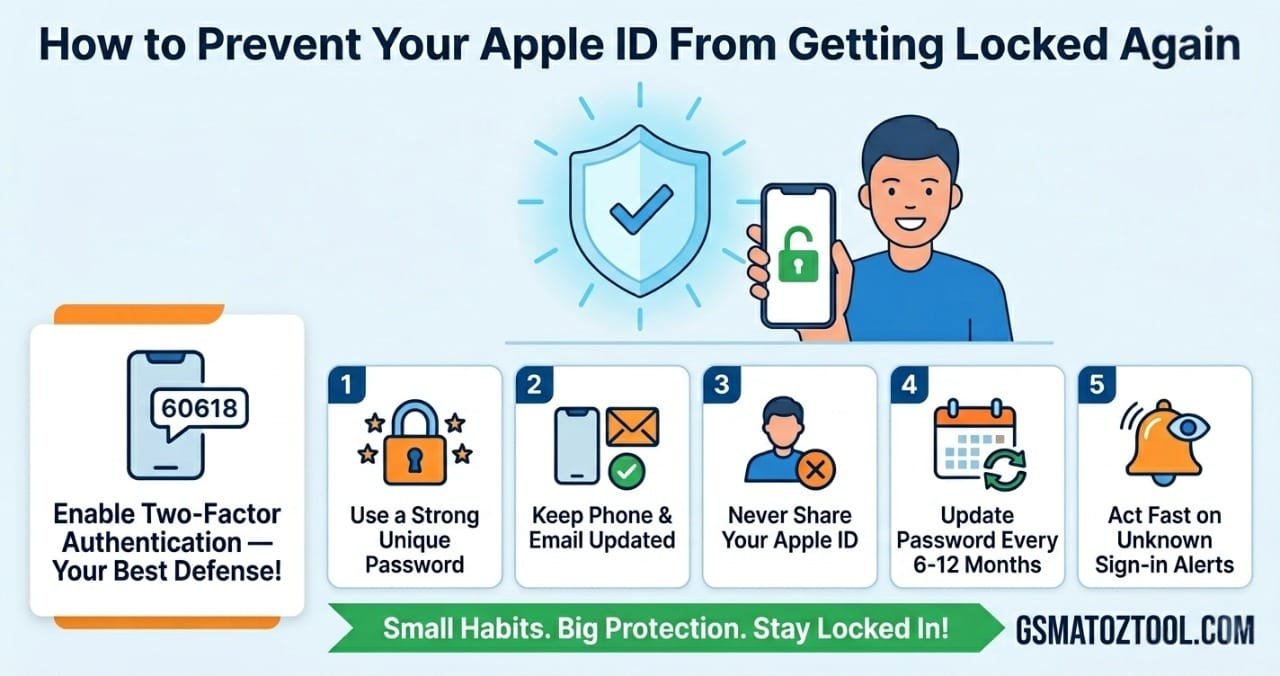 5 tips to prevent apple id from getting locked again including two-factor authentication strong password and unknown sign-in alerts