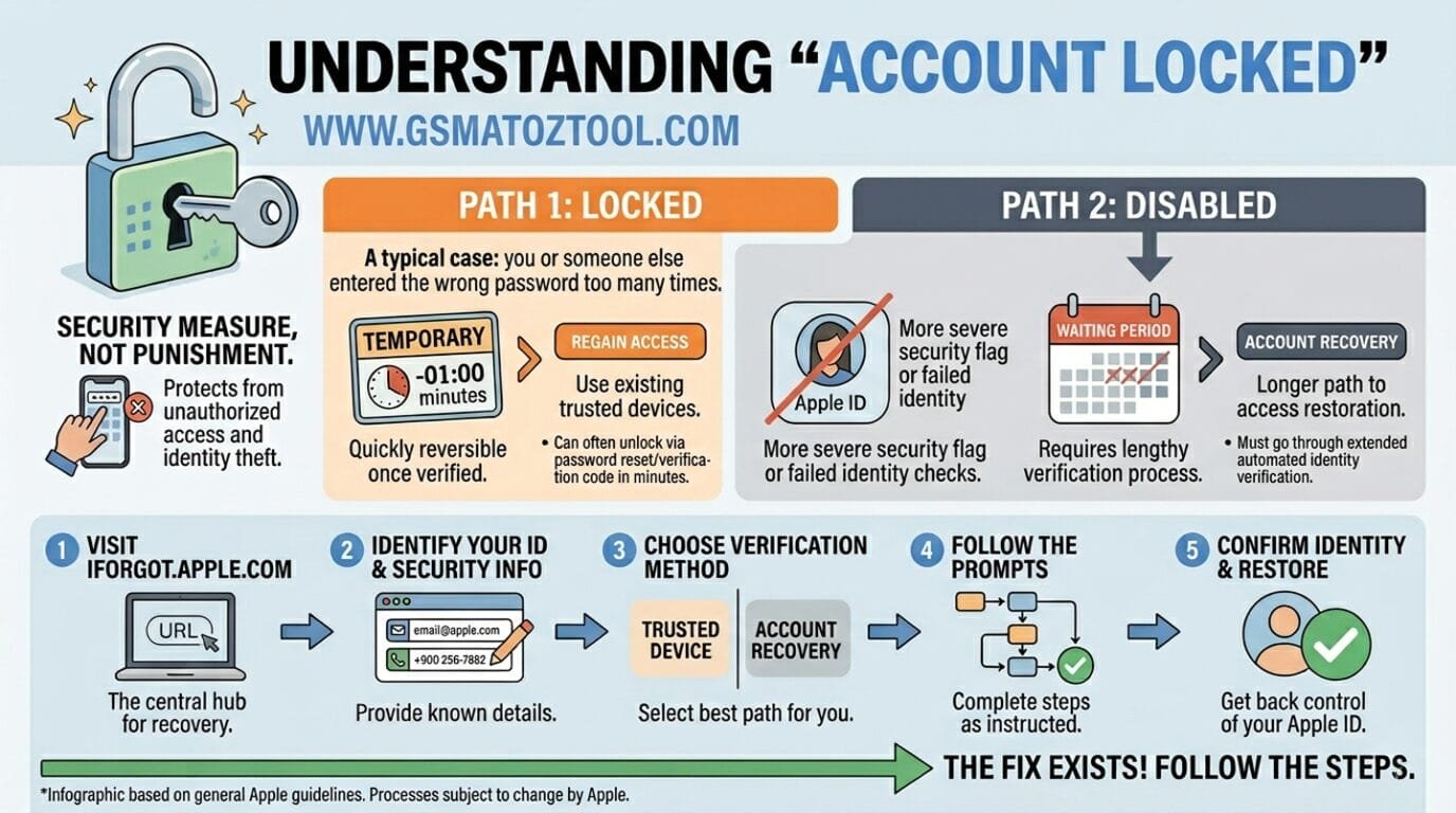 Apple id locked or disabled infographic showing fix steps for this account is locked and can't be used error on iphone