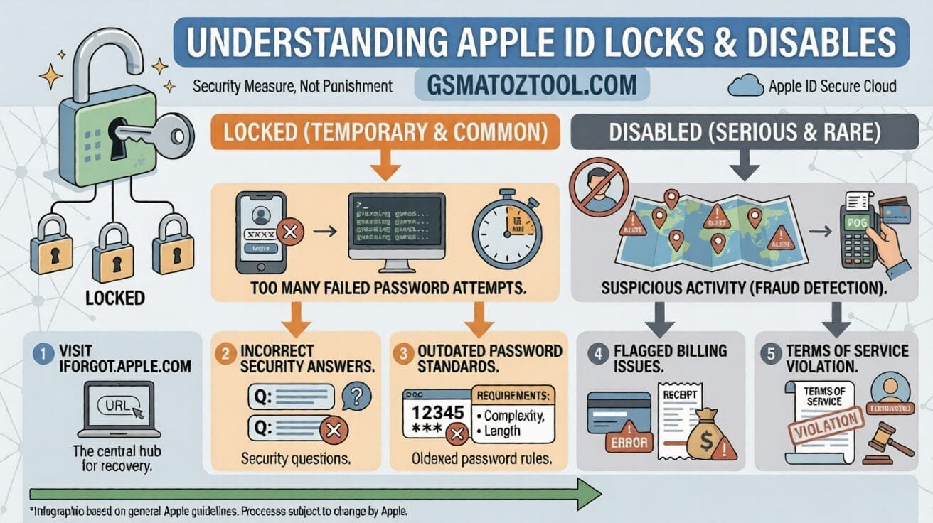 Why apple id gets locked or disabled including failed password attempts suspicious activity and billing issues fix guide