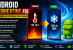 Android overheating fix guide with before-and-after phone comparison showing hot phone with flames turning cool with snowflake