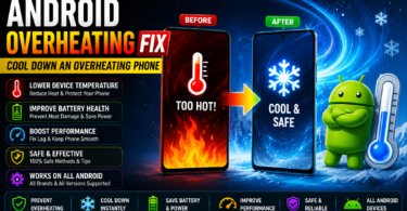 Android overheating fix guide with before-and-after phone comparison showing hot phone with flames turning cool with snowflake