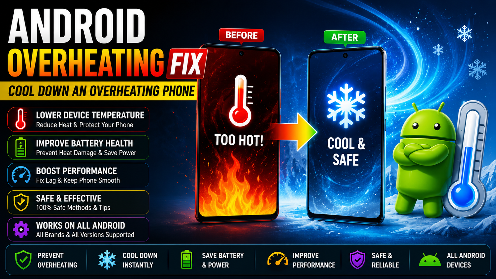 Android overheating fix how to stop your phone from getting hot 1 Android overheating fix guide with before-and-after phone comparison showing hot phone with flames turning cool with snowflake