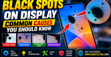 Smartphone screen with dark black spots spreading across it with a magnified close-up showing pixel-level damage