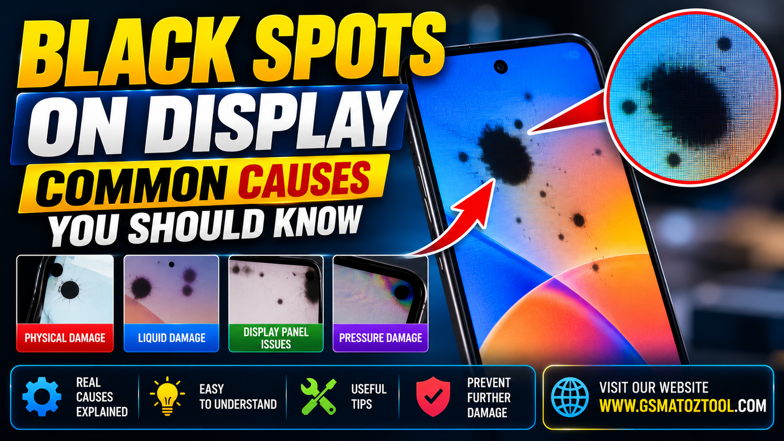 Black spots on display smartphone screen with dark black spots spreading across it with a magnified close-up showing pixel-level damage