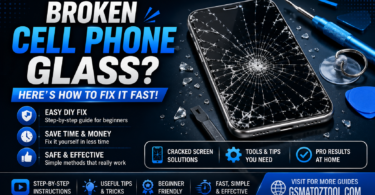 Smartphone with a heavily shattered screen next to repair tools illustrating a step-by-step guide to fixing broken cell phone glass