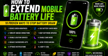 Infographic showing 10 proven ways to extend mobile battery life including reduce screen brightness turn off unused connections disable location manage background apps and enable dark mode