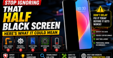 Smartphone with half of the screen black while the other half shows a colorful wallpaper illustrating a half black screen problem