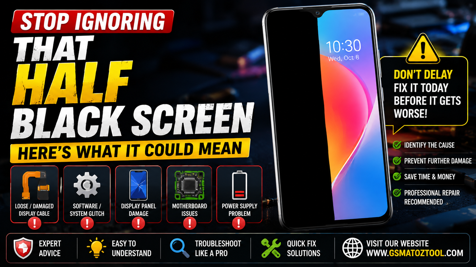 Stop ignoring that half black screen here’s what it could mean 1 Smartphone with half of the screen black while the other half shows a colorful wallpaper illustrating a half black screen problem