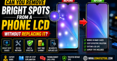 Lcd bright spots on a phone screen before and after fix showing a repaired display without replacement