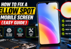 Smartphone with a yellow spot on the screen and a magnified close-up of the glowing patch illustrating how to fix a yellow spot in a mobile screen