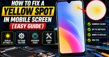 Smartphone with a yellow spot on the screen and a magnified close-up of the glowing patch illustrating how to fix a yellow spot in a mobile screen