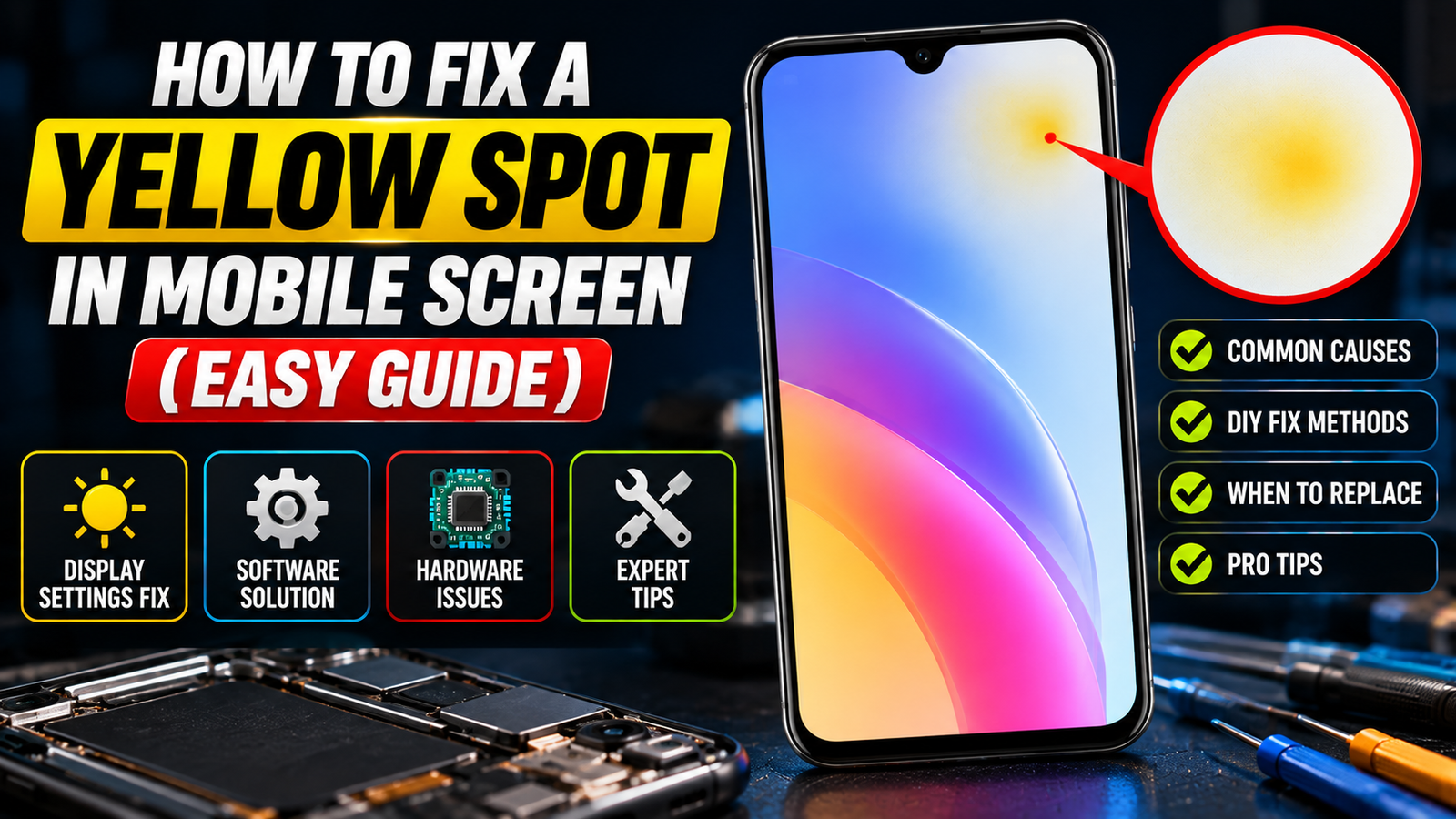Smartphone with a yellow spot on the screen and a magnified close-up of the glowing patch illustrating how to fix a yellow spot in a mobile screen